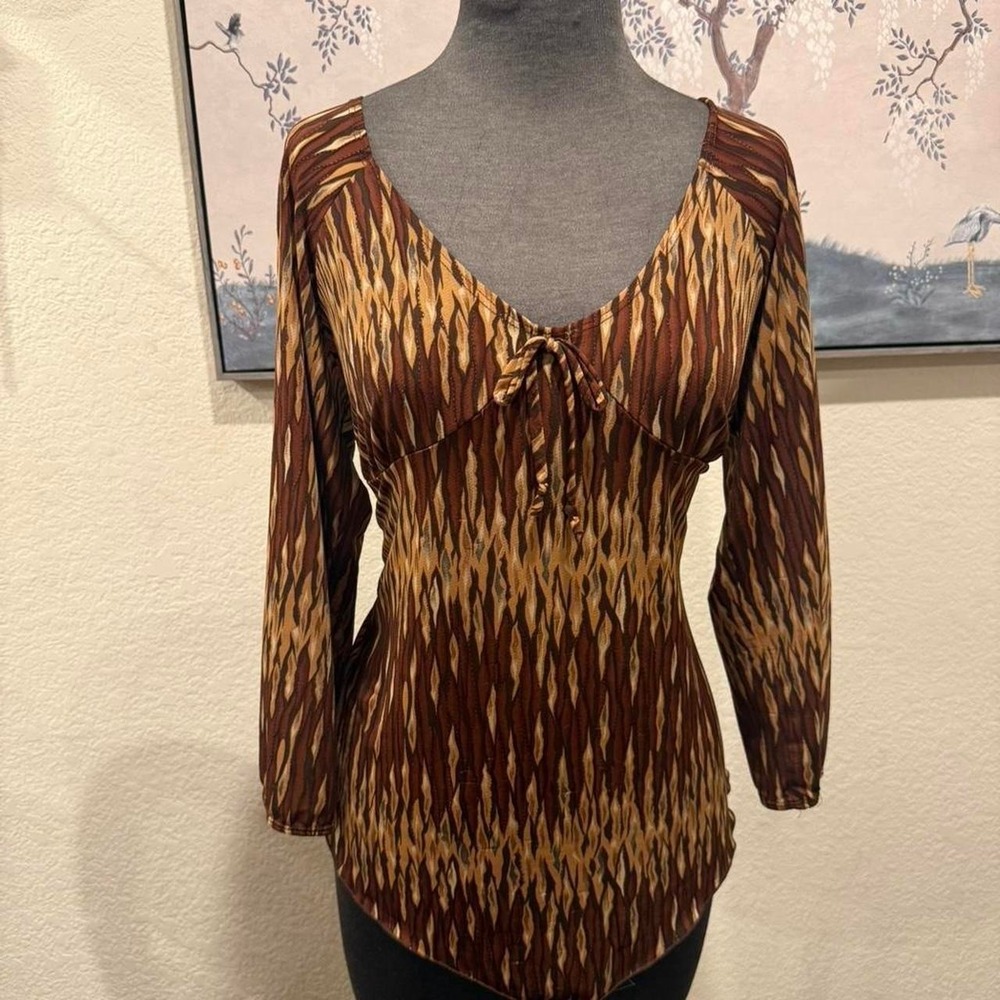 Y2K Jasmine USA 1X Brown Ikat Print V-Neck Long Sleeve Top